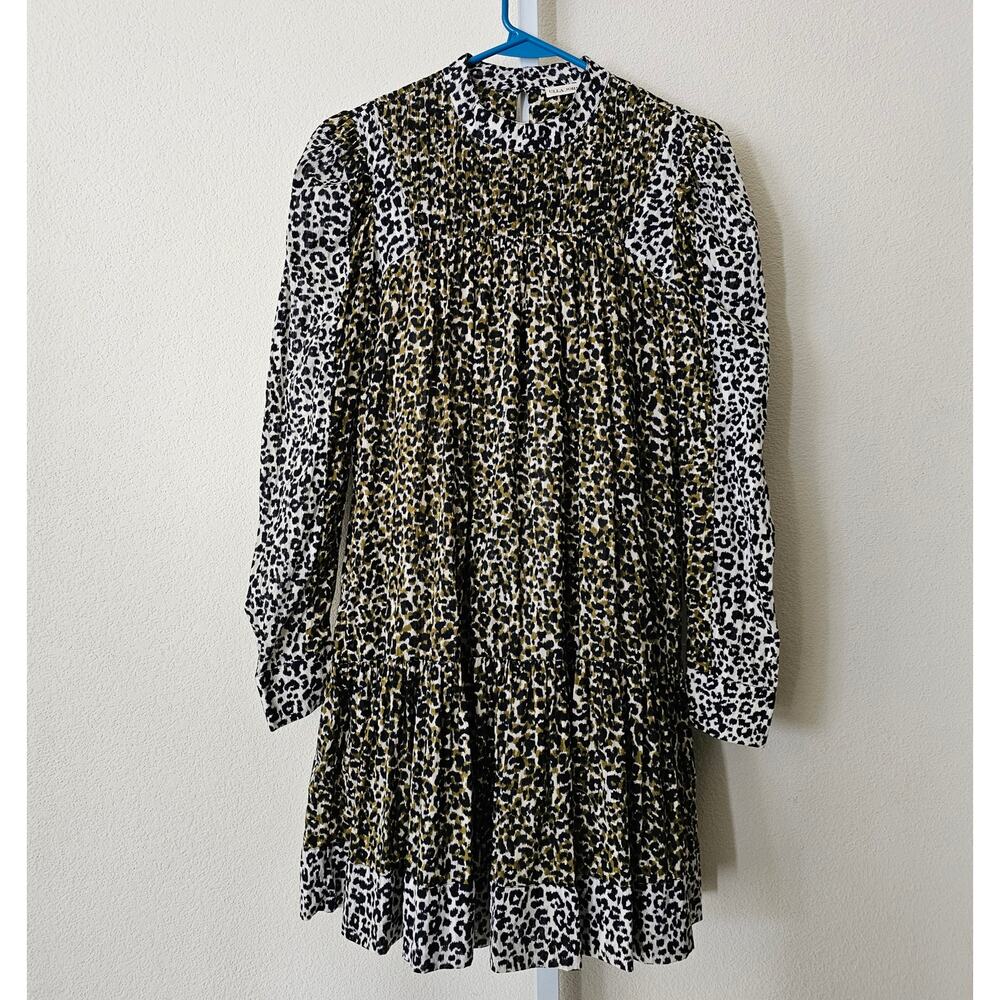 ULLA JOHNSON Amira Leopard Print Long Puff Sleeve Mock Neck Mini Dress Sz 2